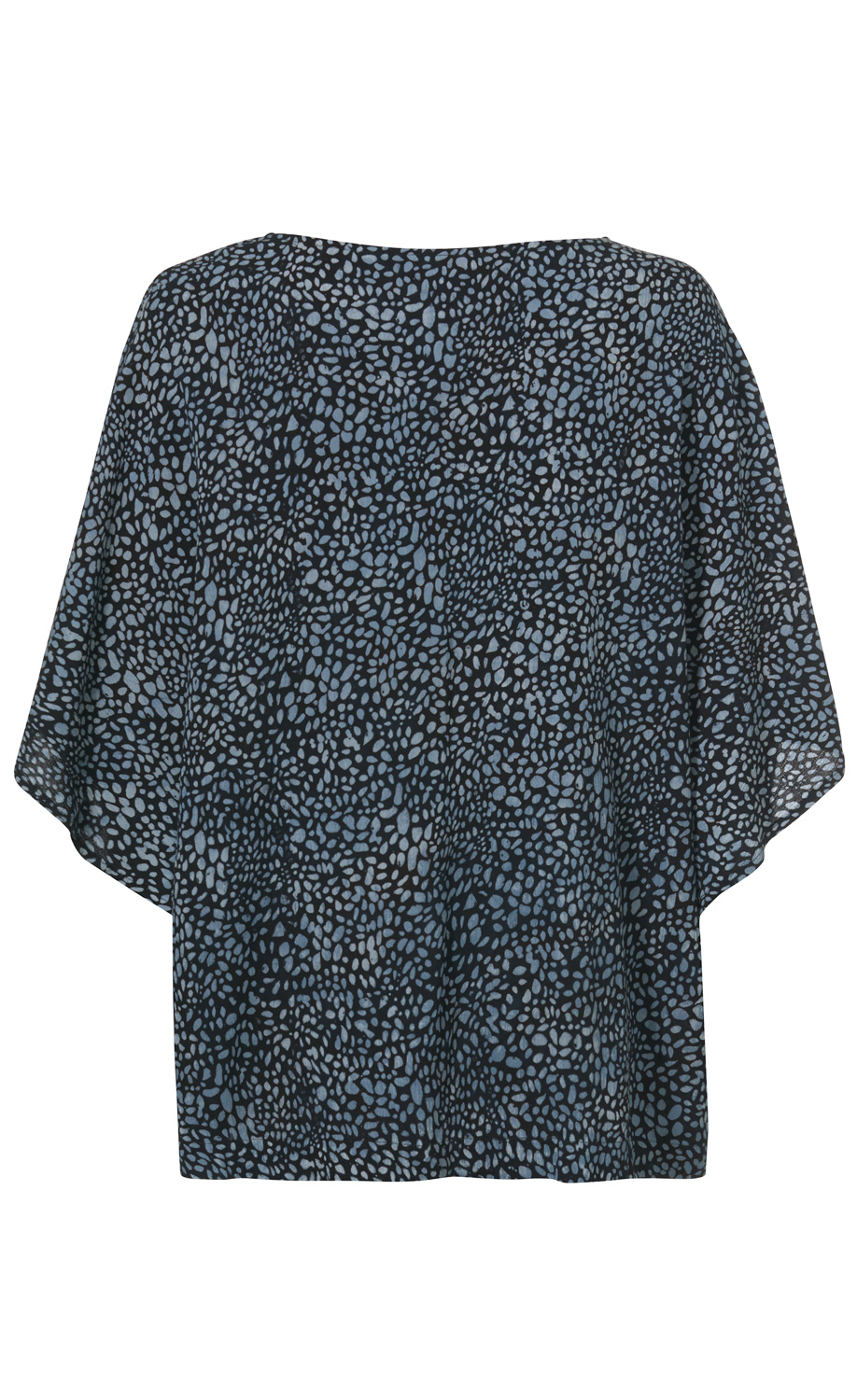 Rückansicht einer Viskose-Bluse mit weitem Schnitt, schwarzen Grund und blau-grauem abstraktem Muster, kurzen, weiten Ärmeln und rundem Halsausschnitt