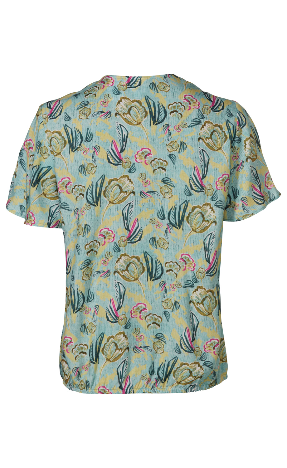 Rückansicht einer kurzärmligen Viskose-Bluse in Hellblau mit Blumenmuster in Beige, Dunkelgrün und Pink, leicht elastischer Saum unten, lockere Passform.