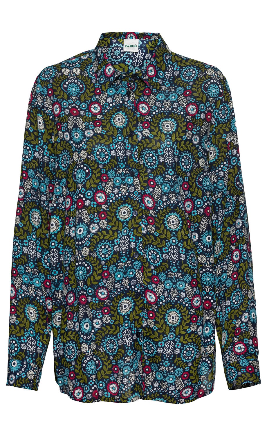 Viskose-Bluse mit langem Ärmel, klassischem Kragen und Knopfleiste, dunkelblau mit buntem floralen Muster in Grün, Hellblau, Weiß und Rot, locker sitzend, leichter Stoff