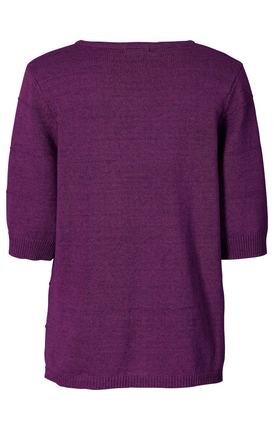 Leinen-Mix-Pullover in dunklem Violett, Rückansicht, leicht oversize mit halblangen Ärmeln, Rundhalsausschnitt, feine Strickstruktur, gerippte Bündchen an Ärmeln und Saum.
