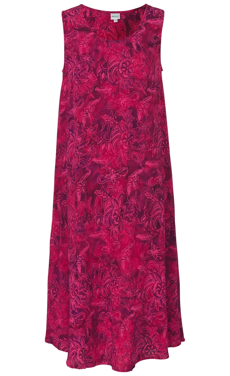 Rotes ärmelloses Viskose-Kleid mit floralem Muster, knielang, leicht ausgestellt, Rundhalsausschnitt, blickdicht