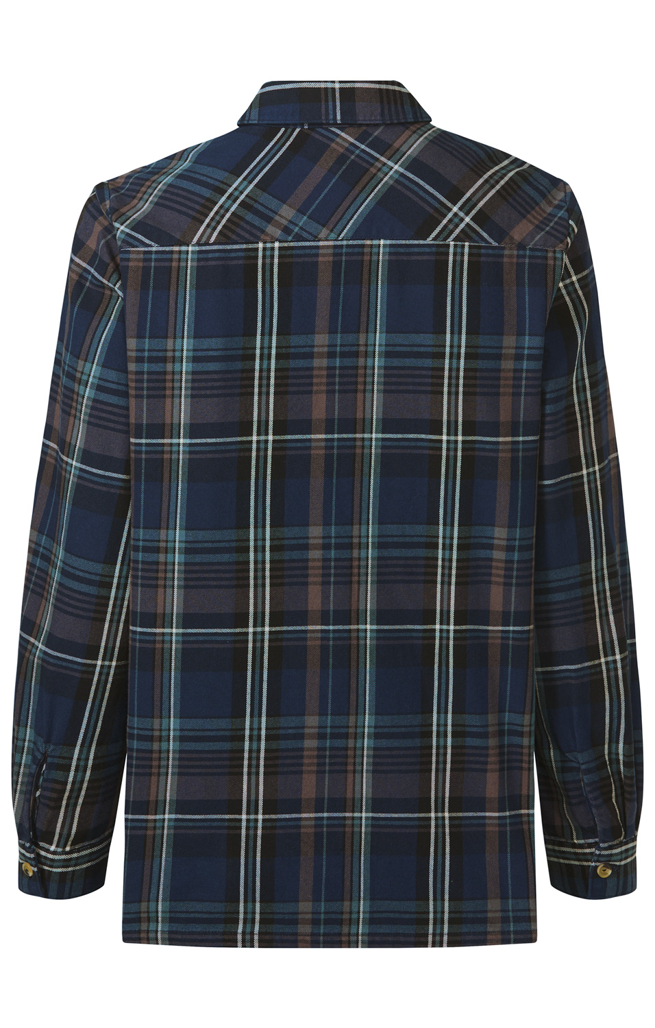 Rückansicht einer langärmligen Baumwoll-Bluse mit kariertem Muster in Blau, Braun und Weiß, Hemdblusenkragen und geknöpften Manschetten