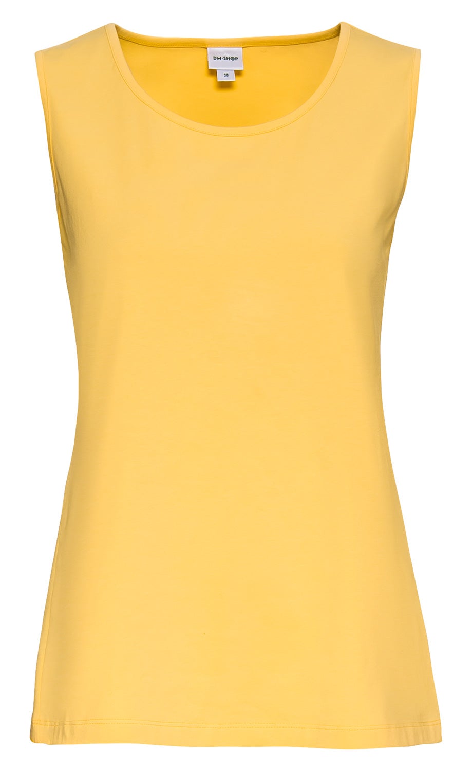 gelbes ärmelloses Baumwoll-Mix-Top mit rundem Ausschnitt, enganliegend, einfachem Design, mit DW-Shop Etikett und Größenangabe 38, vor weißem Hintergrund