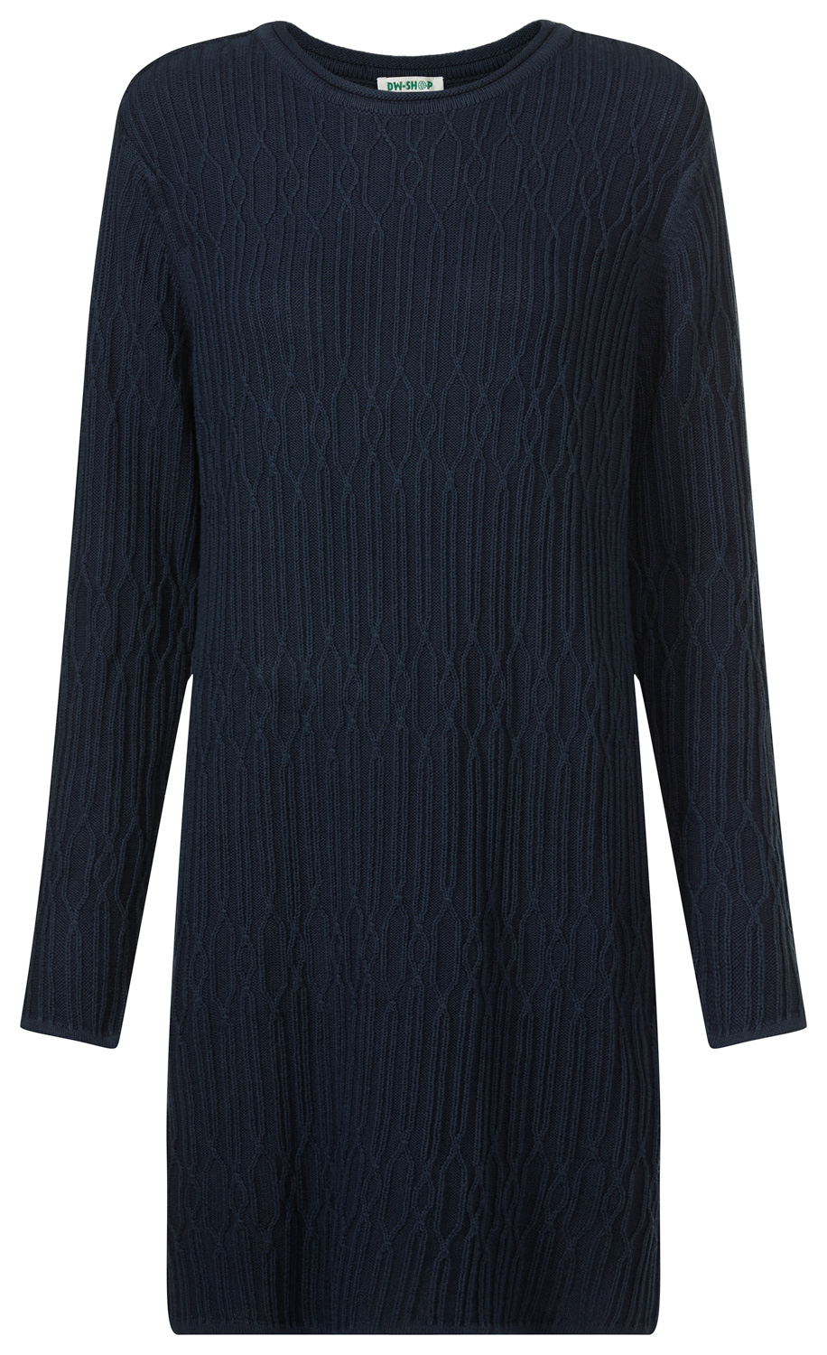 dunkelblaues Baumwoll-Mix-Kleid mit langem Arm und Rundhalsausschnitt, feines Rautenmuster, knieumspielende Länge, figurumspielender Schnitt