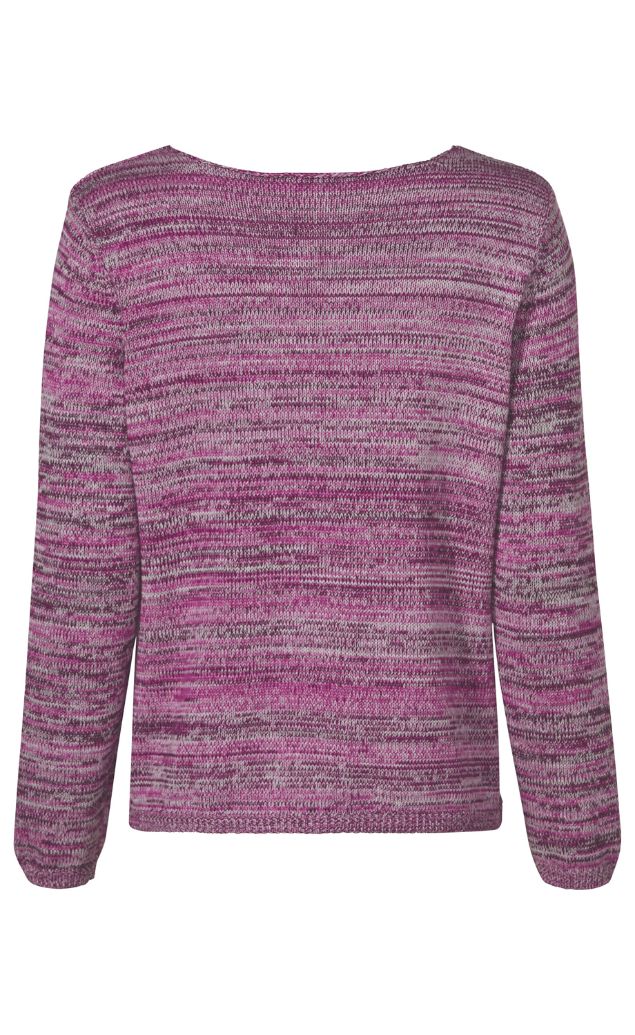 Baumwoll-Pullover in pink und grau meliert mit Rundhalsausschnitt, langärmlig, gerade geschnitten, Rückansicht, feine Strickstruktur, Bündchen an Ärmeln und Saum