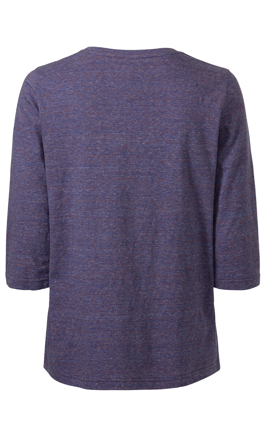 Baumwoll-Shirt in meliertem Dunkelblau, Rückansicht, 3/4-lange Ärmel, Rundhalsausschnitt, schlicht, locker geschnitten, weicher Stoff, für Herren oder Damen geeignet