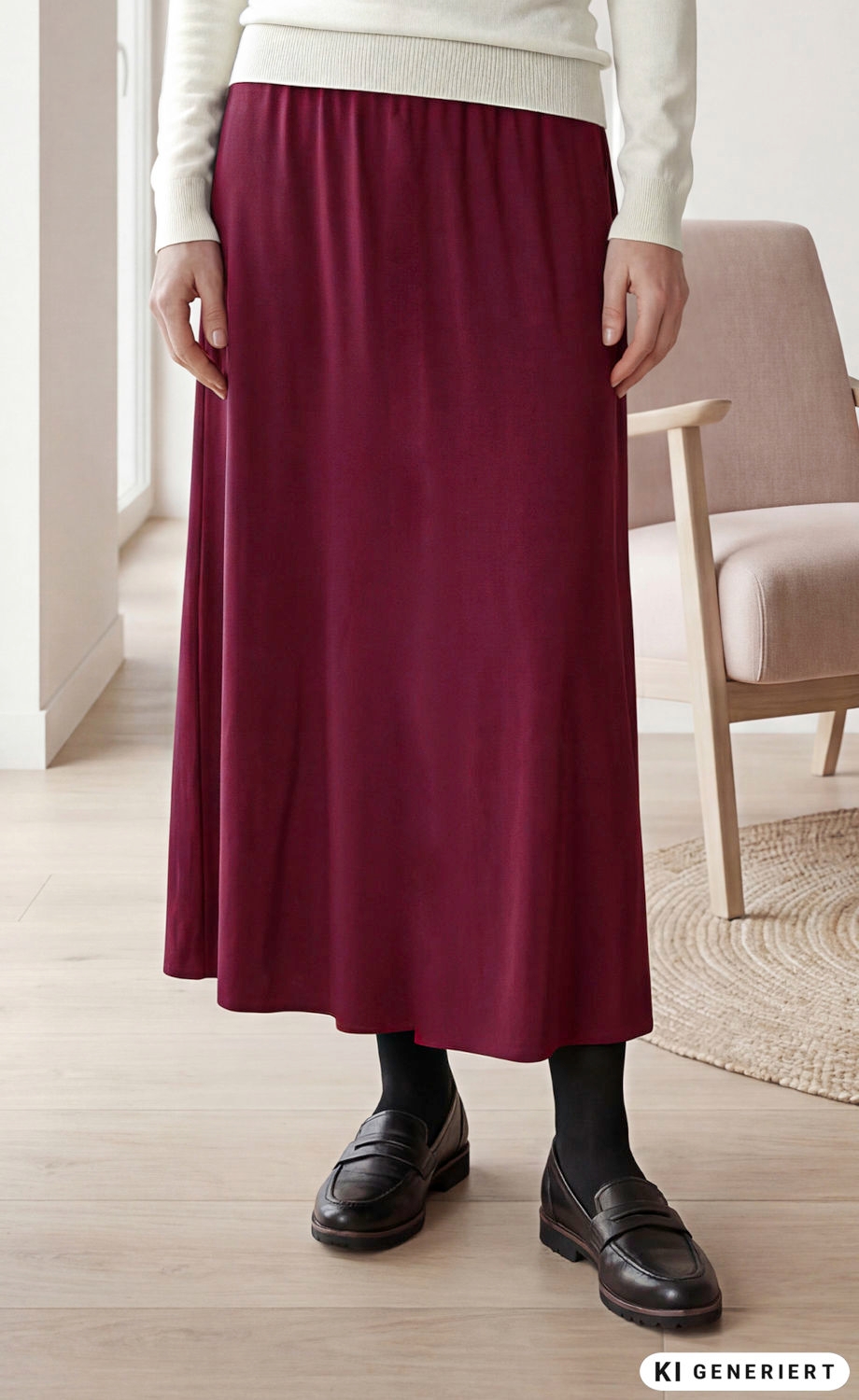 Bordeauxroter, knielanger Viskose-Rock mit lockerem Schnitt, getragen mit schwarzer Strumpfhose und schwarzen Slippern, dazu cremefarbener, langärmliger Pullover, im modernen Wohnzimmer mit Holzstuhl und hellem Holzboden.
