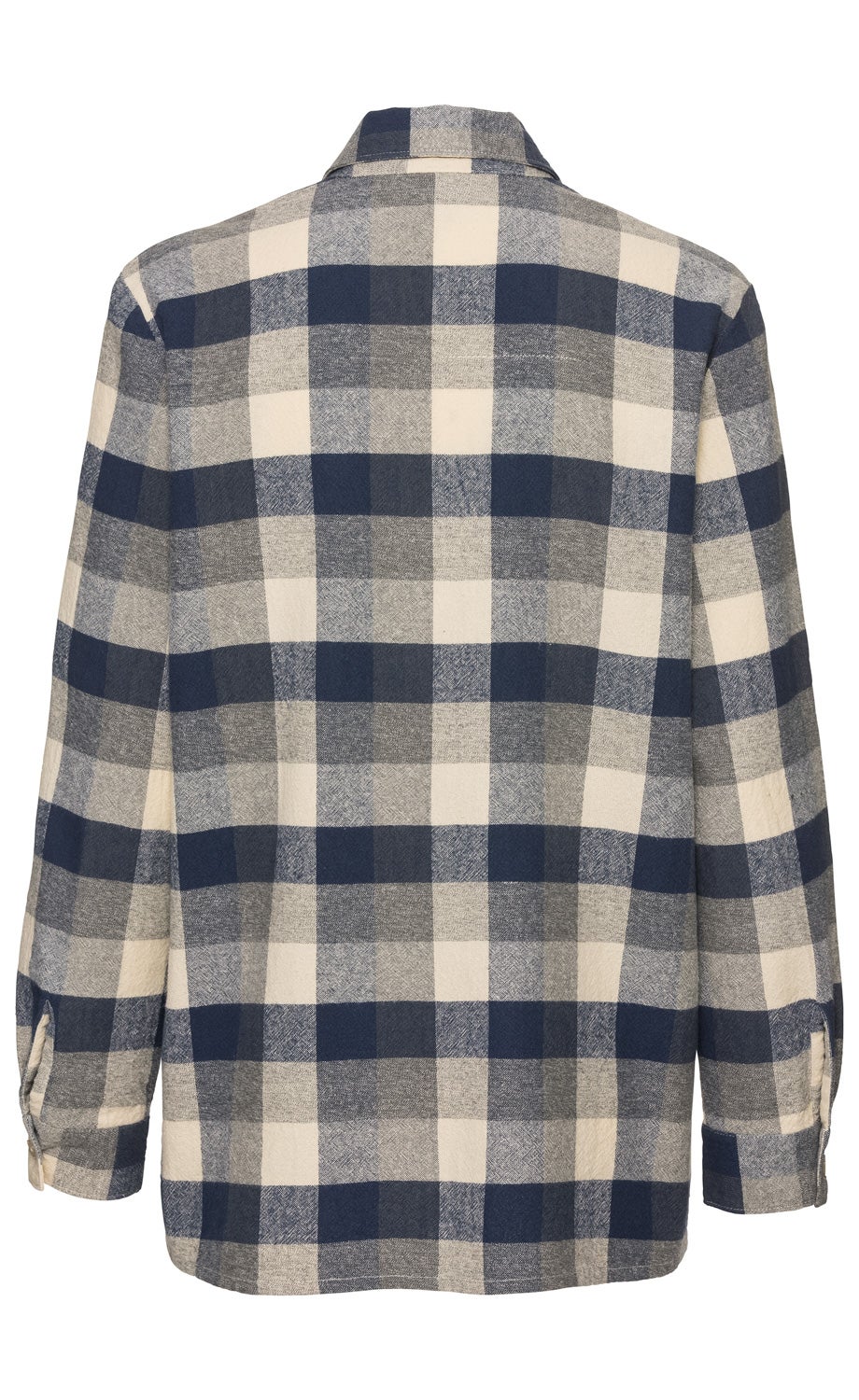 Rückansicht einer Baumwoll-Bluse mit groß kariertem Muster in Blau, Grau und Creme, langärmlig mit Kentkragen und geknöpften Manschetten