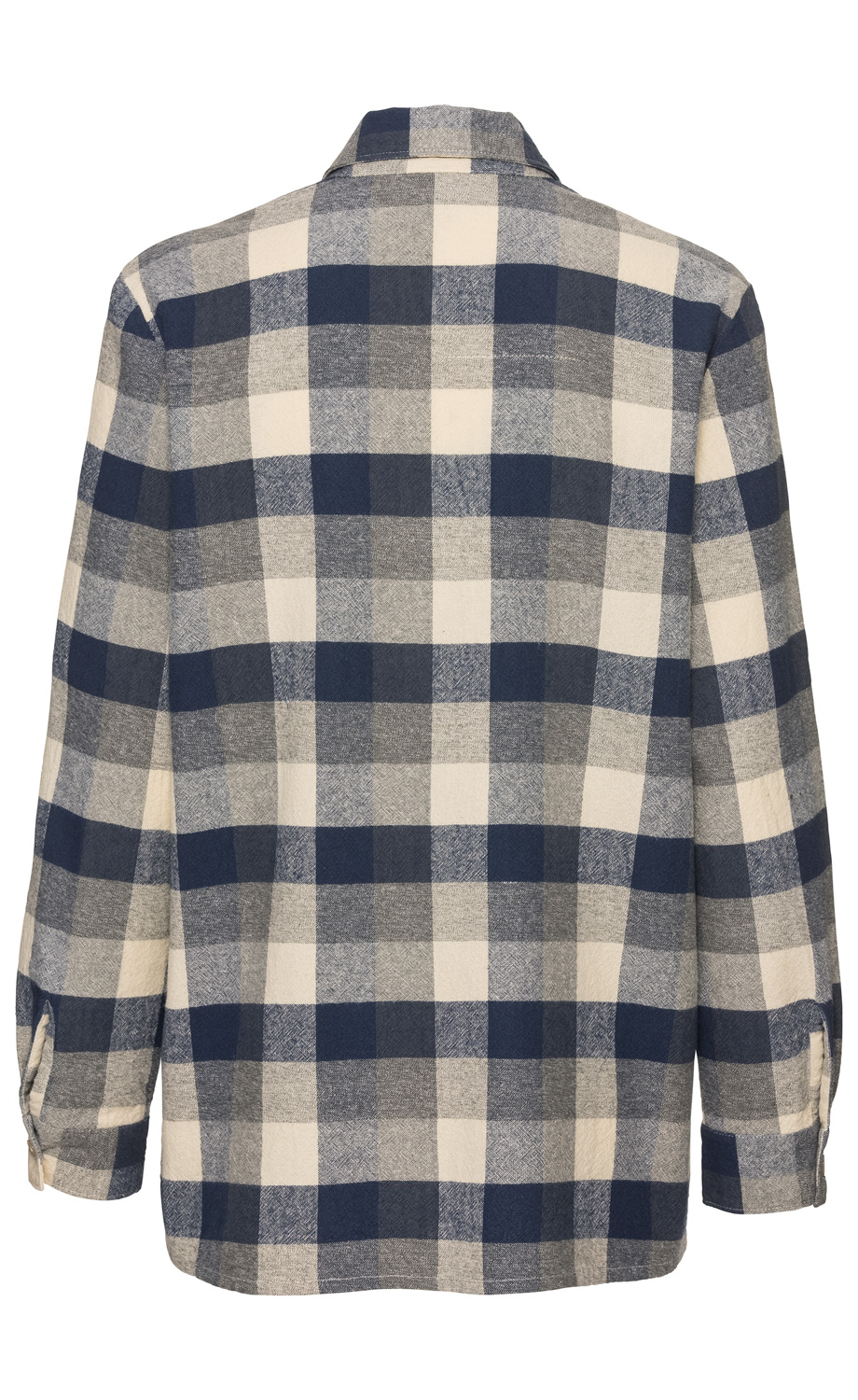 Rückansicht einer Baumwoll-Bluse mit groß kariertem Muster in Blau, Grau und Creme, langärmlig mit Kentkragen und geknöpften Manschetten