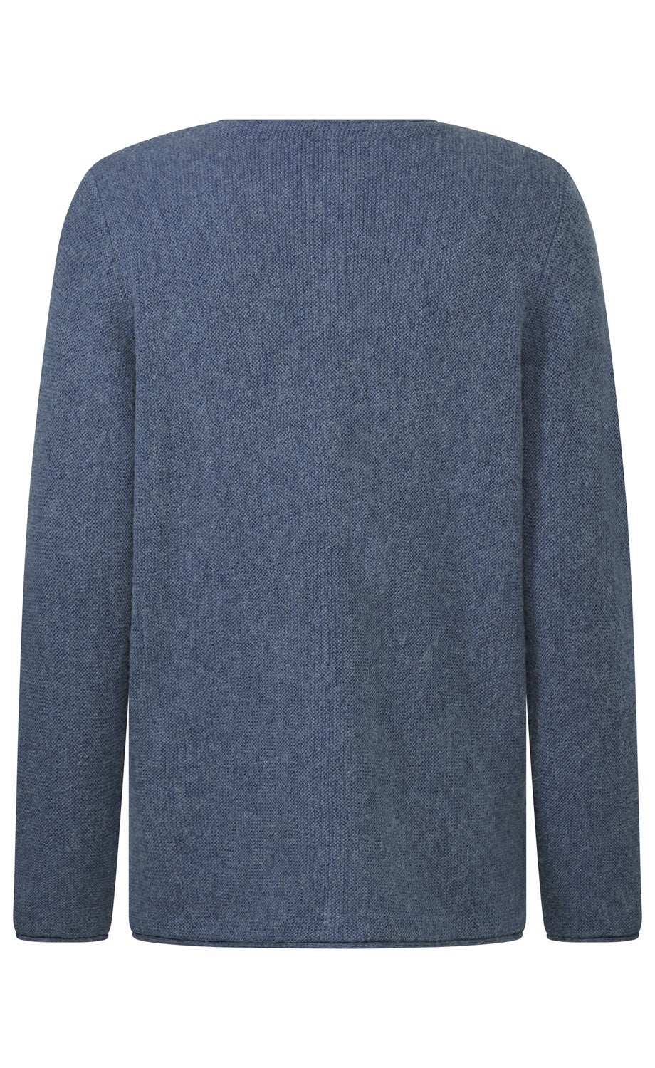 blauer Pullover aus feinem Strickstoff, langärmlig, gerader Schnitt, einfache Rückansicht ohne Muster oder Verzierungen, mittlere Länge