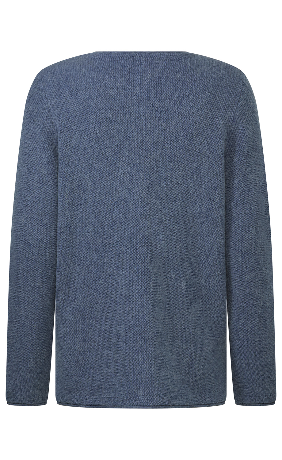 blauer Pullover aus feinem Strickstoff, langärmlig, gerader Schnitt, einfache Rückansicht ohne Muster oder Verzierungen, mittlere Länge
