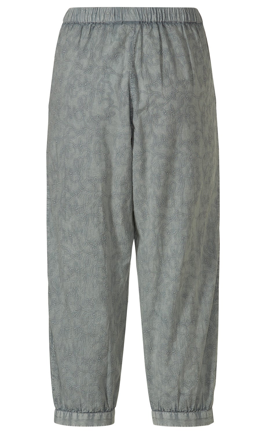 graue Baumwoll-Hose mit elastischem Bund, weitem Schnitt, leicht gerafften Beinabschlüssen und dezent eingesticktem floralem Muster, locker sitzend