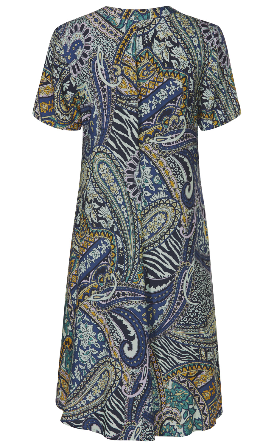 Viskose-Kleid mit kurzem Arm, A-Linie Schnitt, Rückansicht, farbenfrohes Paisley- und Blumenmuster in Blau, Gelb, Türkis und Lila, leicht fließender Stoff