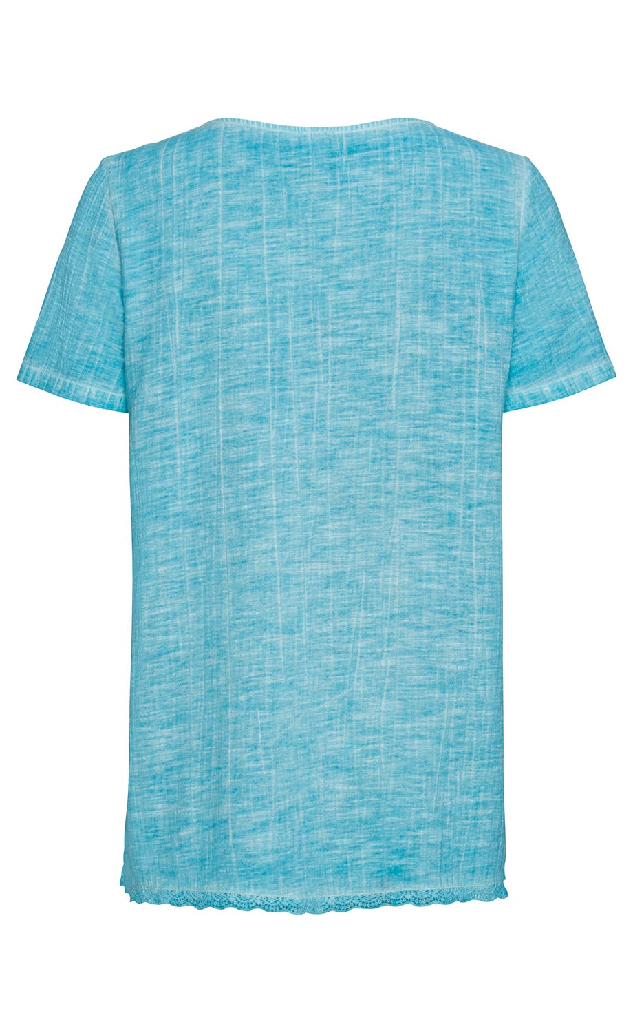 Hinteransicht einer hellblauen Baumwoll-Bluse mit kurzen Ärmeln, feiner Struktur, rundem Ausschnitt und gehäkeltem Saumabschluss, ohne Muster oder Applikationen.