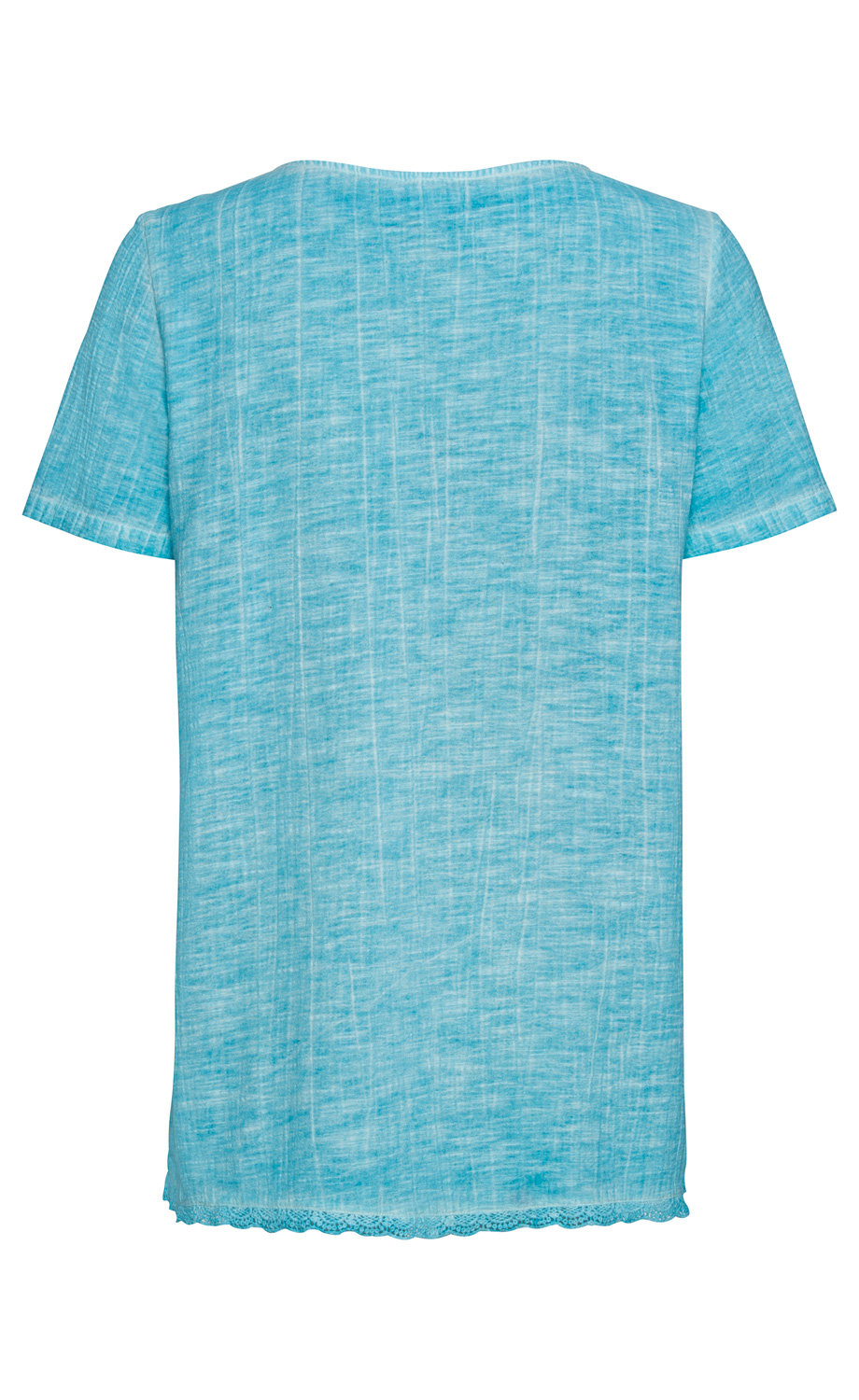 Hinteransicht einer hellblauen Baumwoll-Bluse mit kurzen Ärmeln, feiner Struktur, rundem Ausschnitt und gehäkeltem Saumabschluss, ohne Muster oder Applikationen.