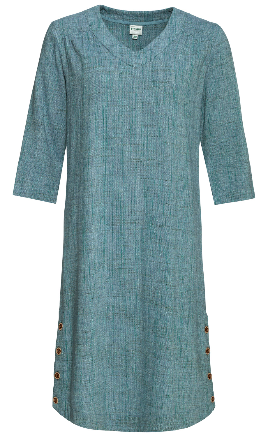 Baumwoll-Kleid in Melange-Blau, knielang, V-Ausschnitt, 3/4-Ärmel, gerade Passform, seitlich mit Reihen von Naturholz-Knöpfen, lässiger Stil, Größe 38, feine Webstruktur sichtbar