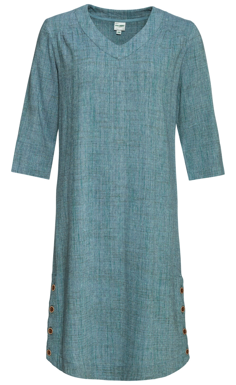 Baumwoll-Kleid in Melange-Blau, knielang, V-Ausschnitt, 3/4-Ärmel, gerade Passform, seitlich mit Reihen von Naturholz-Knöpfen, lässiger Stil, Größe 38, feine Webstruktur sichtbar
