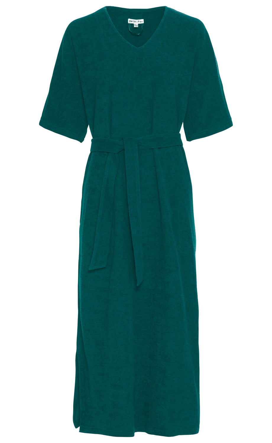 Baumwoll-Hauskleid aus weichem, grünem Stoff, knielang, mit halblangen Ärmeln, V-Ausschnitt und Stoffgürtel zum Binden in der Taille, schlicht und bequem, seitlicher Schlitz am Saum