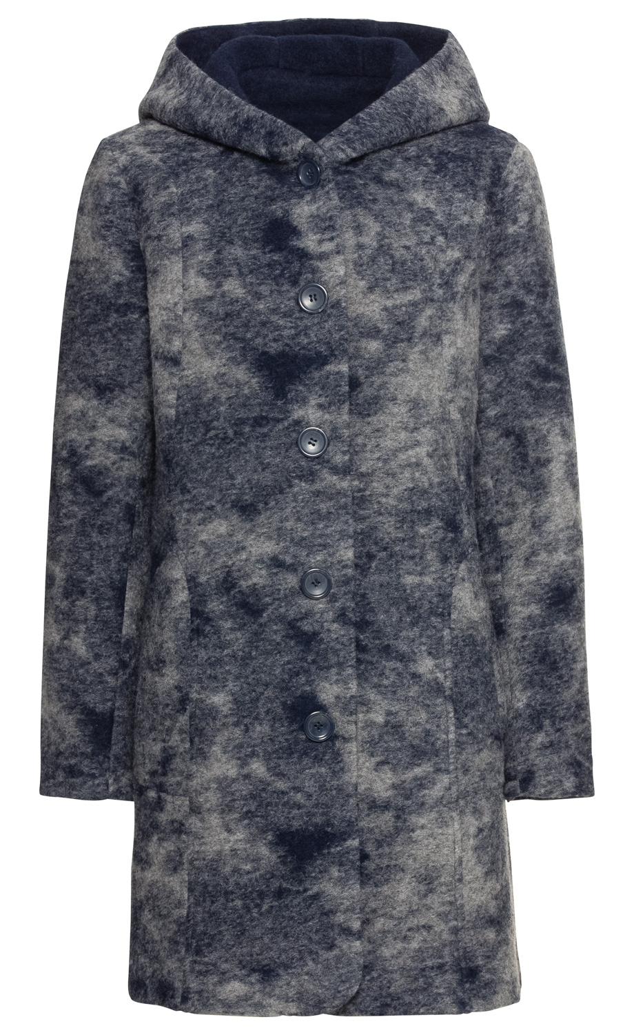 Wollmix-Jacke in Grau und Dunkelblau meliert, Knopfleiste mit fünf großen Knöpfen, lange Ärmel, Kapuze, knieumspielende Länge, seitliche Eingrifftaschen, weiche Filzstruktur