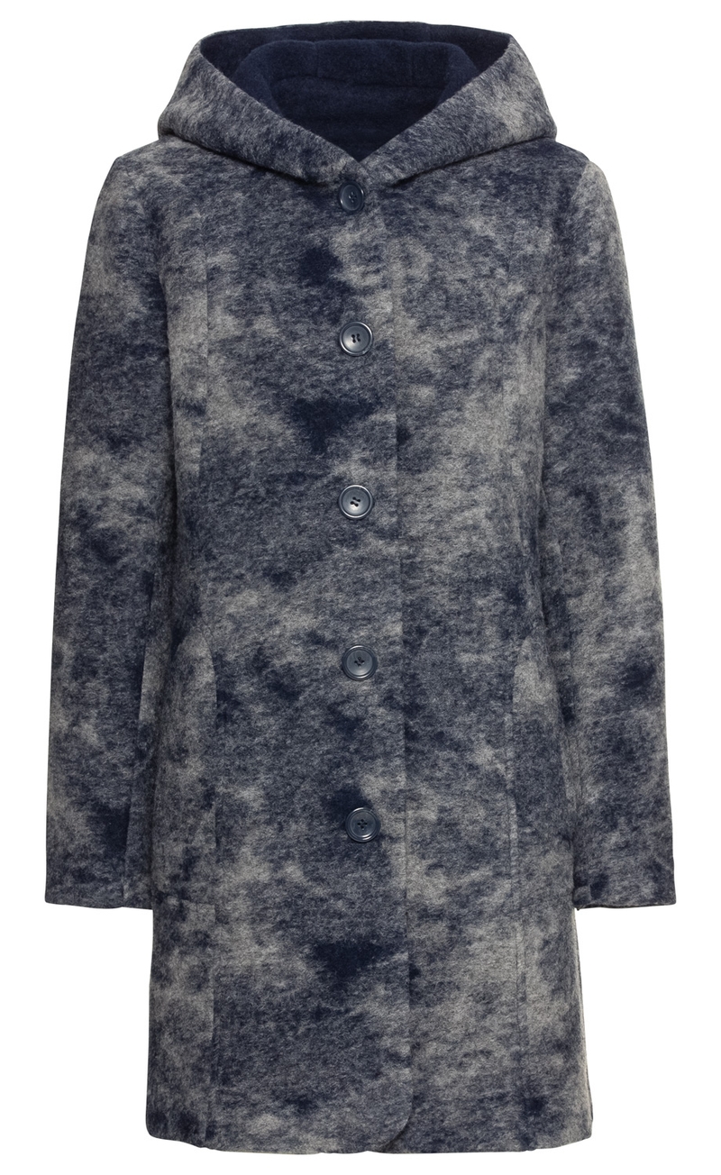 Wollmix-Jacke in Grau und Dunkelblau meliert, Knopfleiste mit fünf großen Knöpfen, lange Ärmel, Kapuze, knieumspielende Länge, seitliche Eingrifftaschen, weiche Filzstruktur