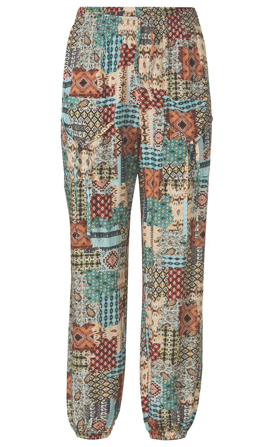 Viskose-Hose mit elastischem Bund und Tunnelzug, locker geschnitten, elastische Beinabschlüsse, bunte Ethno-Muster in Türkis, Braun, Rot, Beige und Schwarz, zwei aufgeprägte Taschen vorne, leichte Stoffqualität