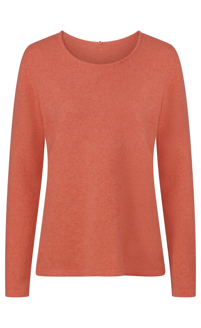 roter Pullover mit rundem Ausschnitt und langen Ärmeln, schlichtes Design, feine Strickstruktur, gerade geschnitten