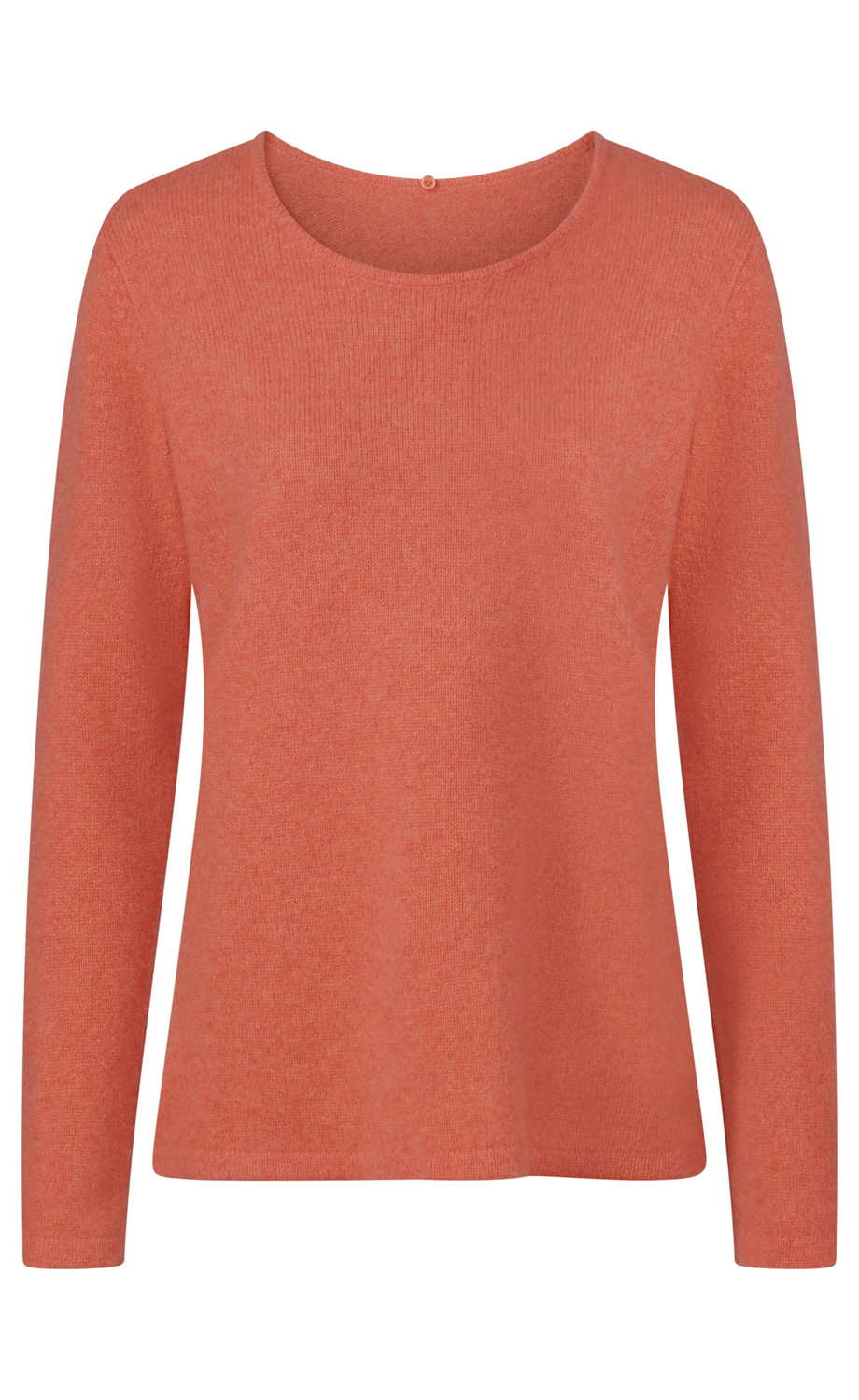 roter Pullover mit rundem Ausschnitt und langen Ärmeln, schlichtes Design, feine Strickstruktur, gerade geschnitten