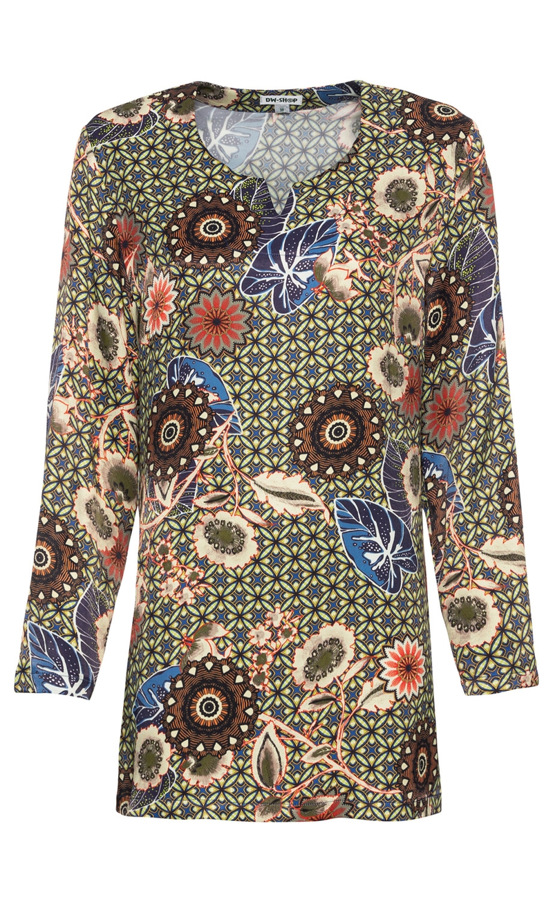 Viskose-Bluse mit langen Ärmeln, Rundhals-Ausschnitt mit kleinem Schlitz, bunter abstrakter Blumen- und Blättermuster in Blau, Braun, Rot und Grün auf gelb-grün gemustertem Hintergrund