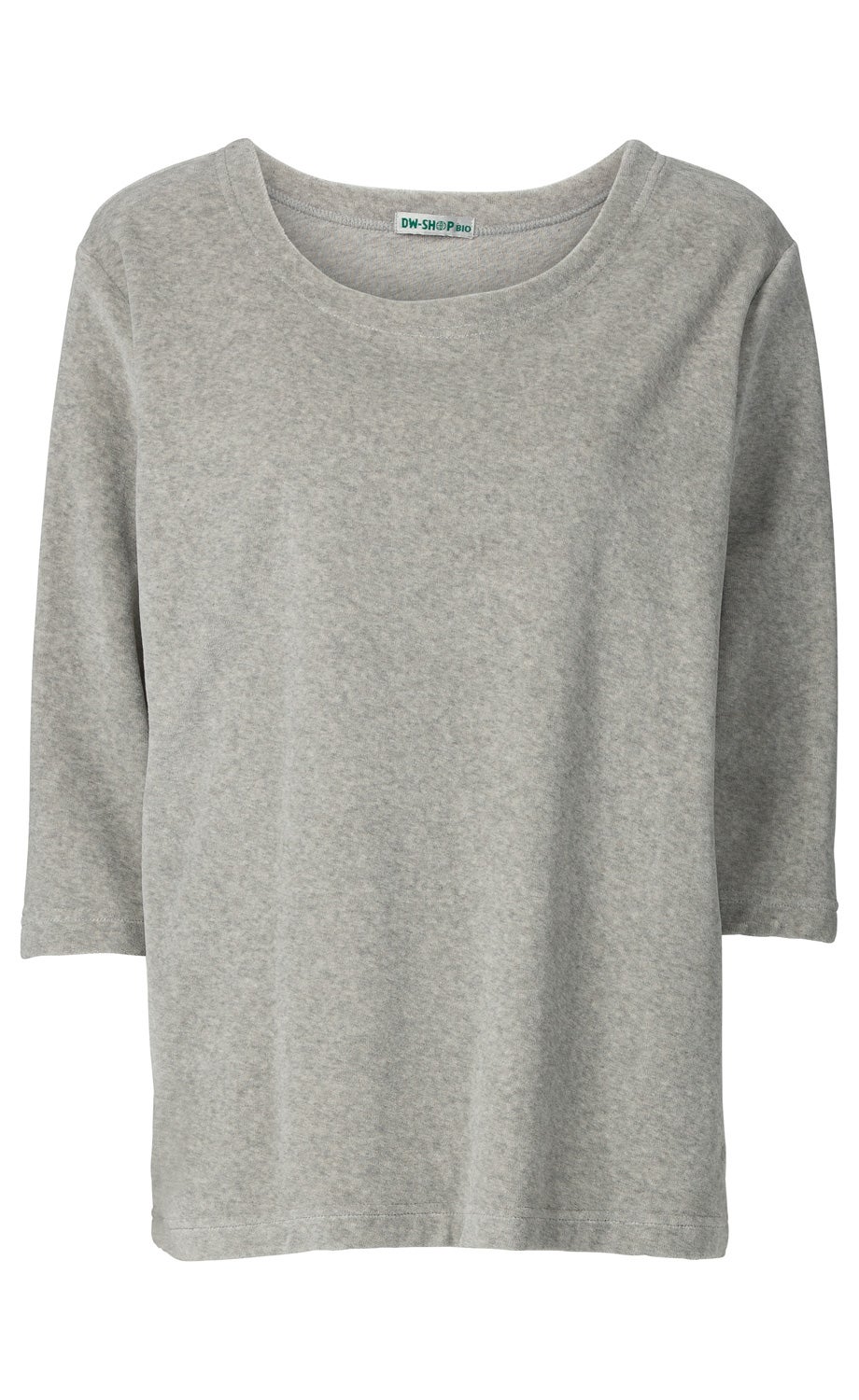 Hellgraues Baumwoll-Shirt mit rundem Ausschnitt und 3/4-Ärmeln, schlichte Verarbeitung, leicht melierte Textur, label im Halsausschnitt sichtbar, gerade geschnittenes Oberteil ohne Muster oder Verzierungen.