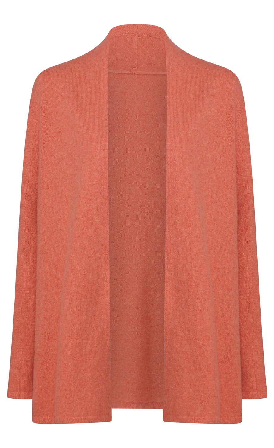offener Damenstrickcardigan in lachsfarben, langärmelig, gerade geschnitten, weiches Material, ohne Verschluss, locker fallend