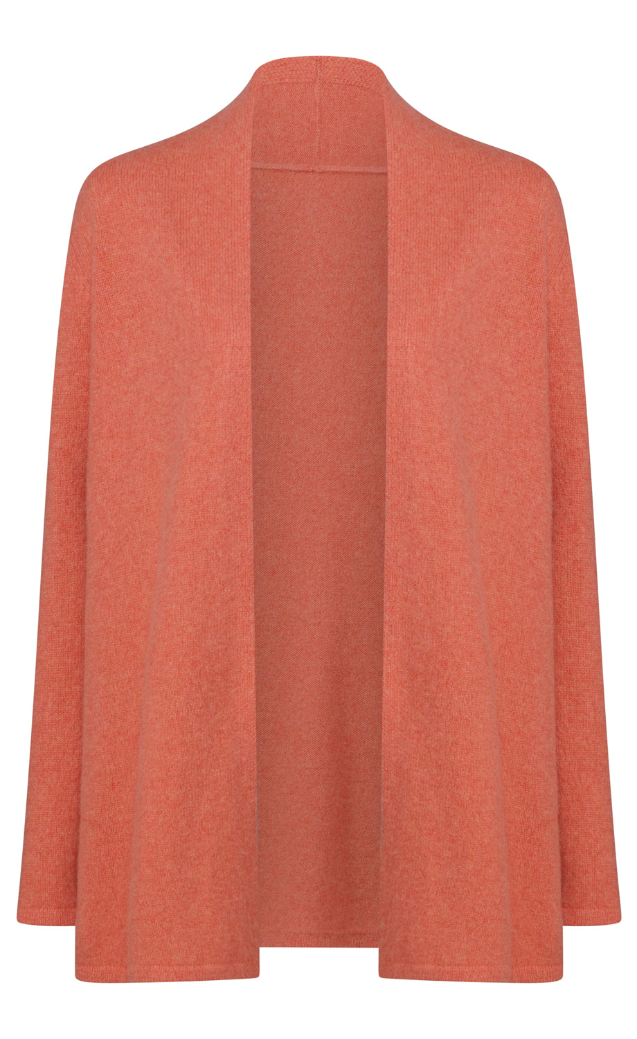 offener Damenstrickcardigan in lachsfarben, langärmelig, gerade geschnitten, weiches Material, ohne Verschluss, locker fallend