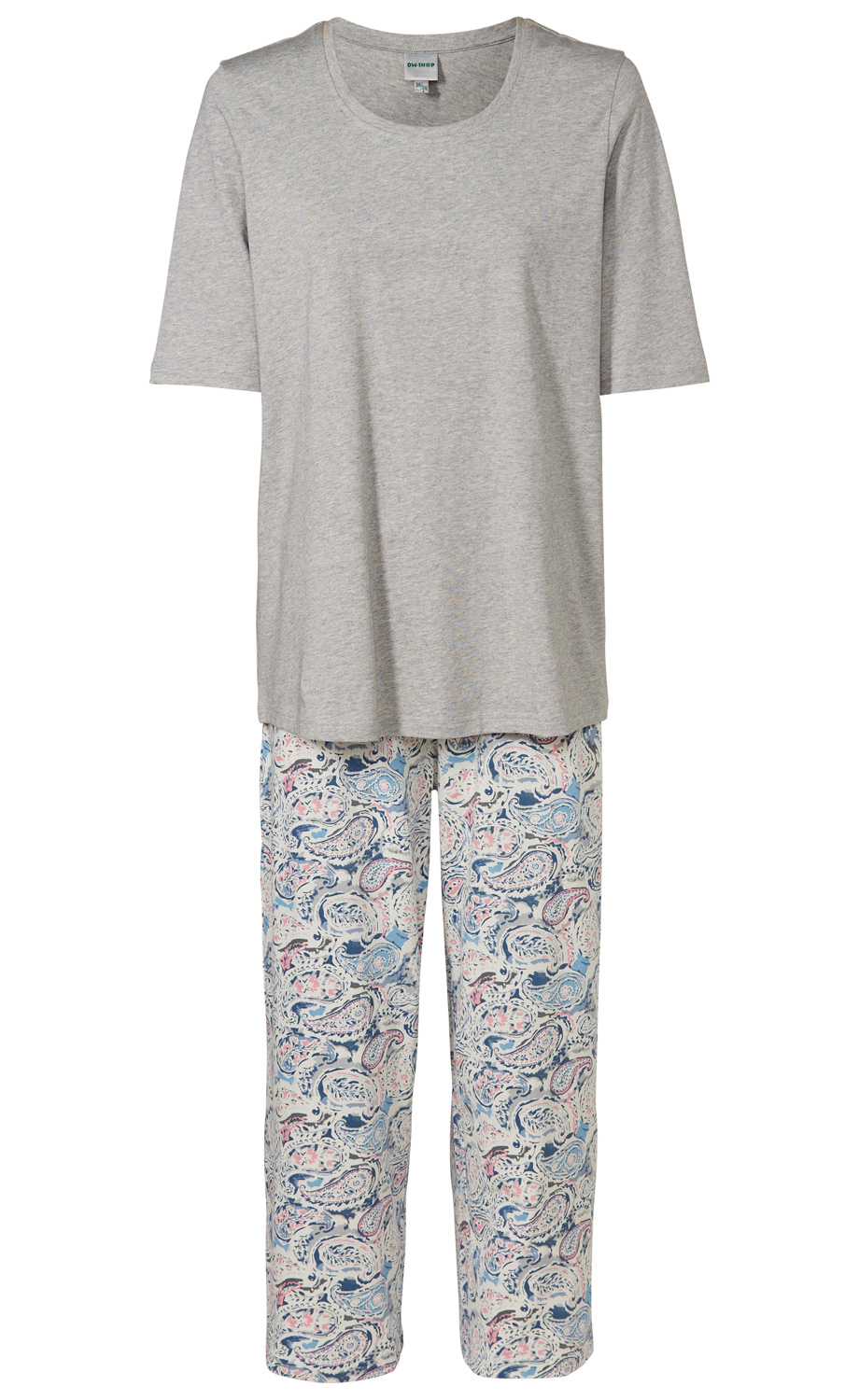 Baumwoll-Pyjama bestehend aus grauem, kurzärmligem Oberteil und langem, weißem Schlafhosenhose mit blau-rosa Paisley-Muster, gerade geschnitten, gemütlich und komfortabel.