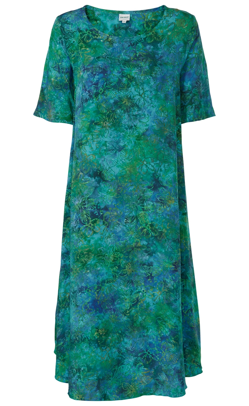Viskose-Kleid mit halblangen Ärmeln, lockerem Schnitt, rundem Ausschnitt, grün-blauem Blumen- und Blattmuster, fließender Stoff, knielang