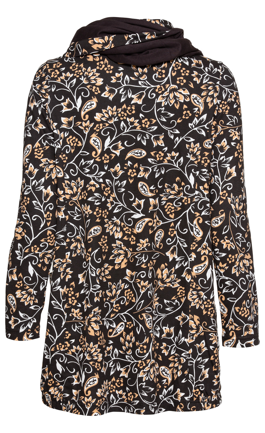 Baumwoll-Shirt mit langen Ärmeln, schwarzer Grundfarbe, florales Muster in Beige und Weiß, lockerer Kragen, leicht geraffter Saum, Rückansicht, vielseitig kombinierbar