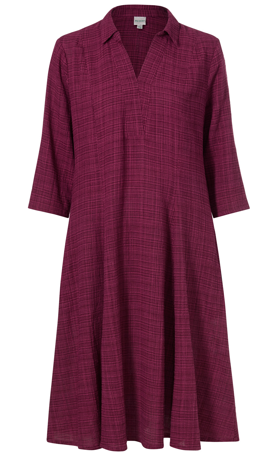 Viskose-Mix-Kleid in Dunkelrot mit feinem Karo-Muster, 3/4-Ärmeln, lockerem Schnitt, offenem Kragen und V-Ausschnitt, knielang, fließender Stoff, schlicht und elegant