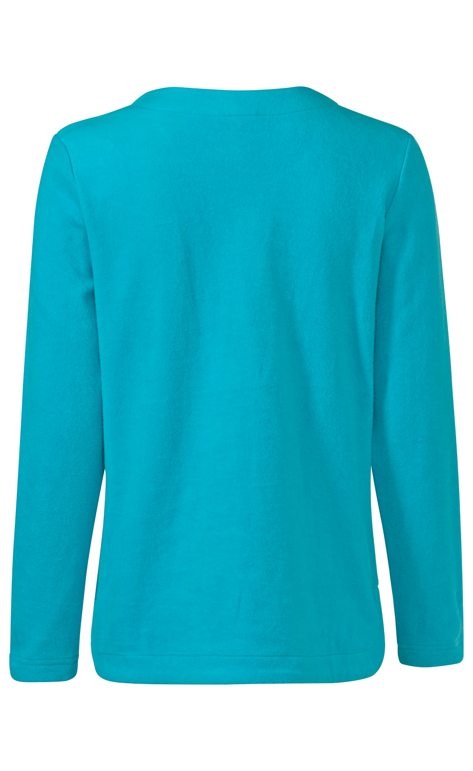 Rückansicht eines türkisfarbenen Baumwoll-Pullovers mit langem Arm und rundem Halsausschnitt, schlichtes Design ohne Muster oder Aufdruck