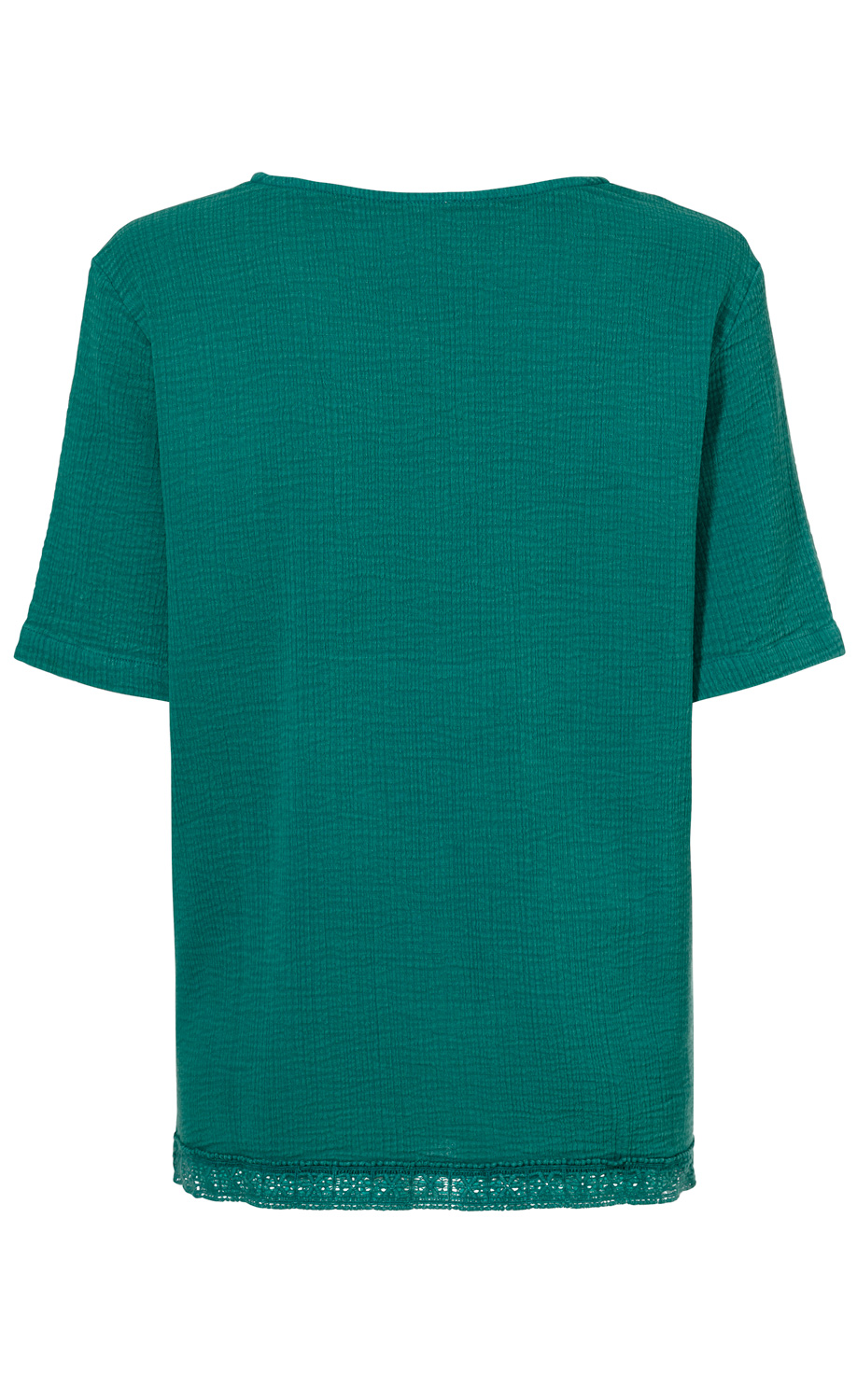 grüne Bluse Größe 36 mit kurzer Ärmel, strukturierter Stoffoberfläche, Rückansicht, gerade geschnittener Saum mit feiner Spitzenborte, Rundhalsausschnitt, schlichte und elegante Damenbluse