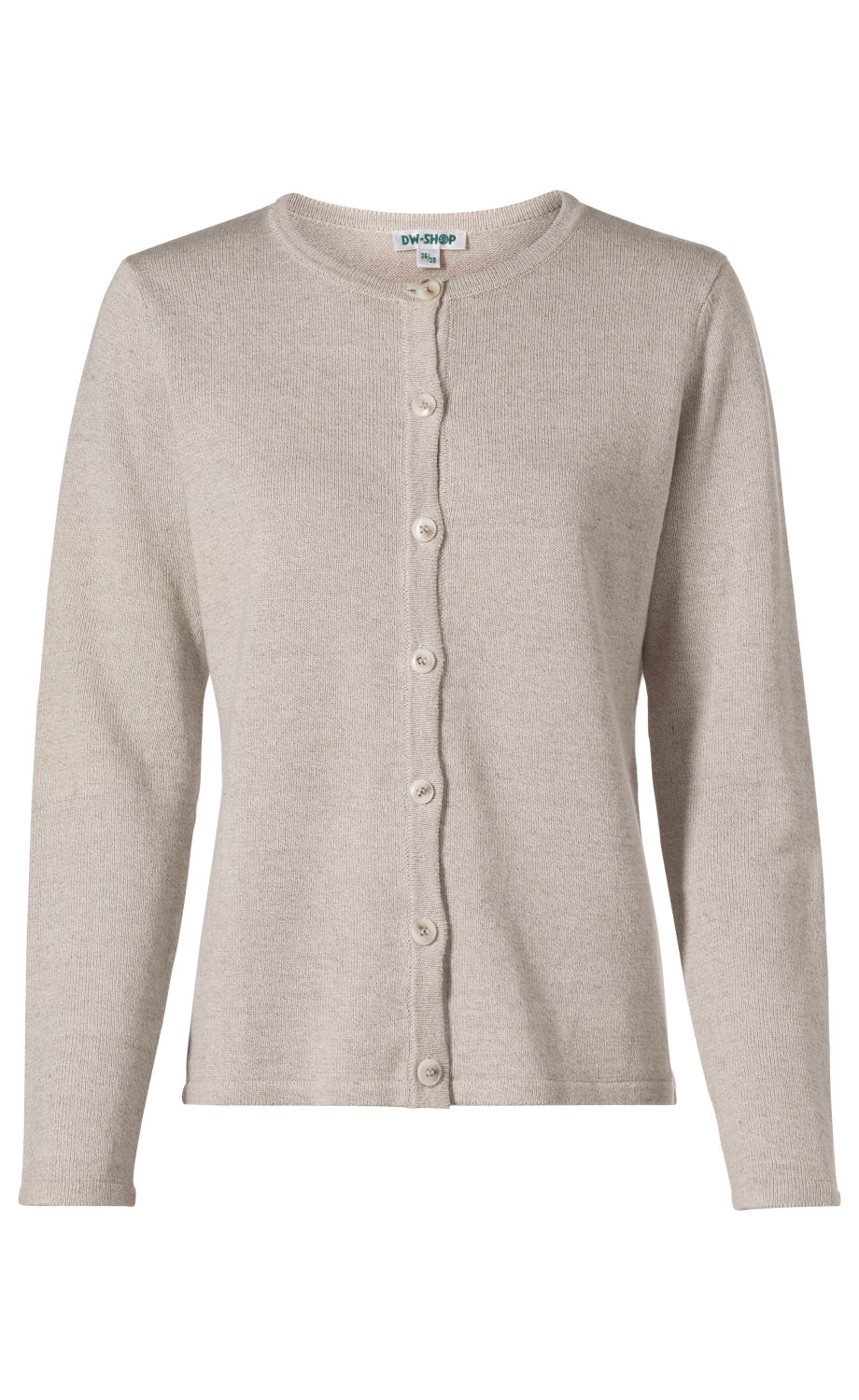Leinen-Mix-Strickjacke in Beige mit langen Ärmeln, Rundhalsausschnitt und durchgehender Knopfleiste aus sieben Knöpfen, fein gestrickt, gerade geschnitten, schlicht und klassisch, ohne Muster oder Verzierungen