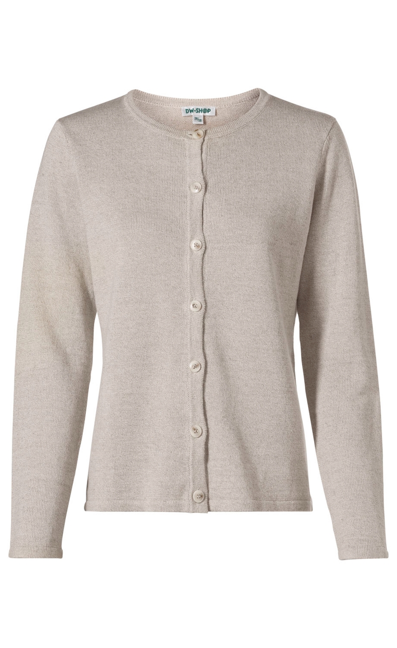 Leinen-Mix-Strickjacke in Beige mit langen Ärmeln, Rundhalsausschnitt und durchgehender Knopfleiste aus sieben Knöpfen, fein gestrickt, gerade geschnitten, schlicht und klassisch, ohne Muster oder Verzierungen