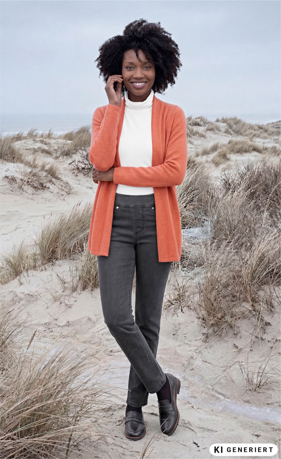 Frau mit lockigem Haar trägt orangefarbene Kaschmir-Strickjacke, weißen Rollkragenpullover, dunkle Jeans und schwarze Schuhe, steht lächelnd am Strand mit Sanddünen und trockenem Gras im Hintergrund