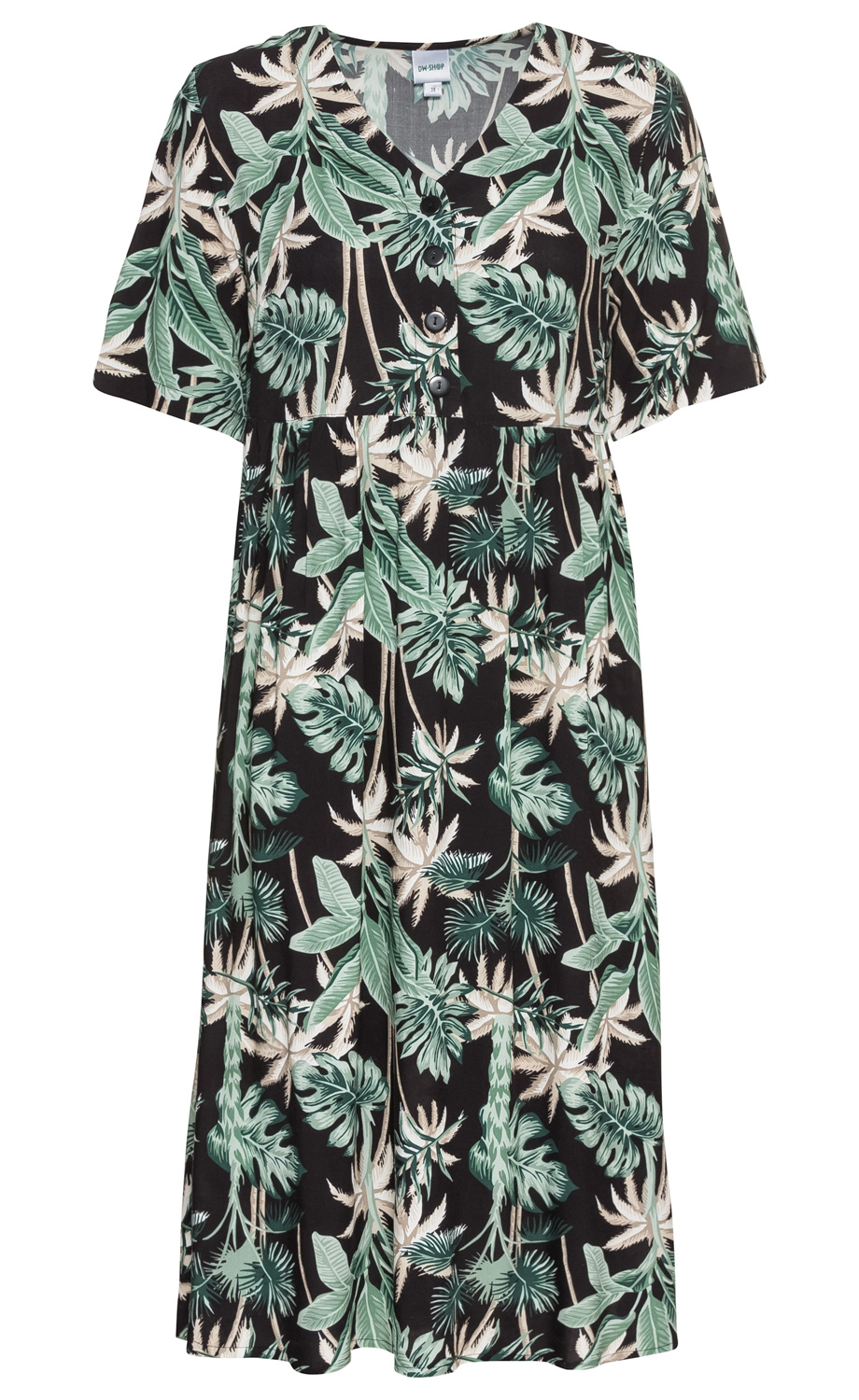 Viskose-Kleid mit grünem und beigem Blattmuster auf schwarzem Grund, V-Ausschnitt, kurze Ärmel, Knopfleiste vorne, lockere Passform bis knapp unter das Knie