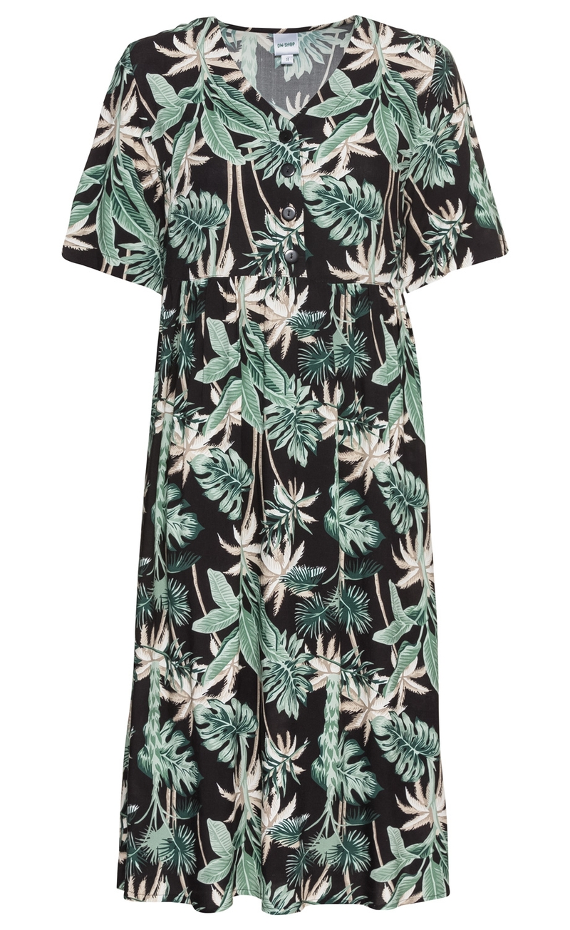 Viskose-Kleid mit grünem und beigem Blattmuster auf schwarzem Grund, V-Ausschnitt, kurze Ärmel, Knopfleiste vorne, lockere Passform bis knapp unter das Knie