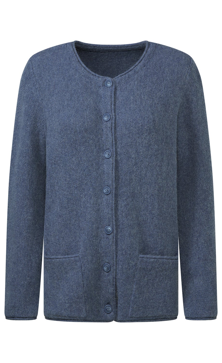 blaue Strickjacke mit Rundhalsausschnitt, langen Ärmeln, durchgehender Knopfleiste und zwei aufgesetzten Taschen vorne, einfache und schlichte Optik