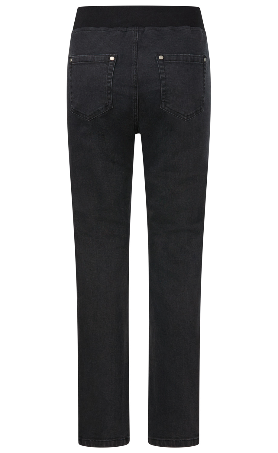 Schwarze Jeanshose mit geradem Schnitt, zwei aufgesetzten Gesäßtaschen mit Nieten, elastischem Bund ohne Verschluss, Rückansicht, einfache Nahtdetails, klassisches Denim-Design.