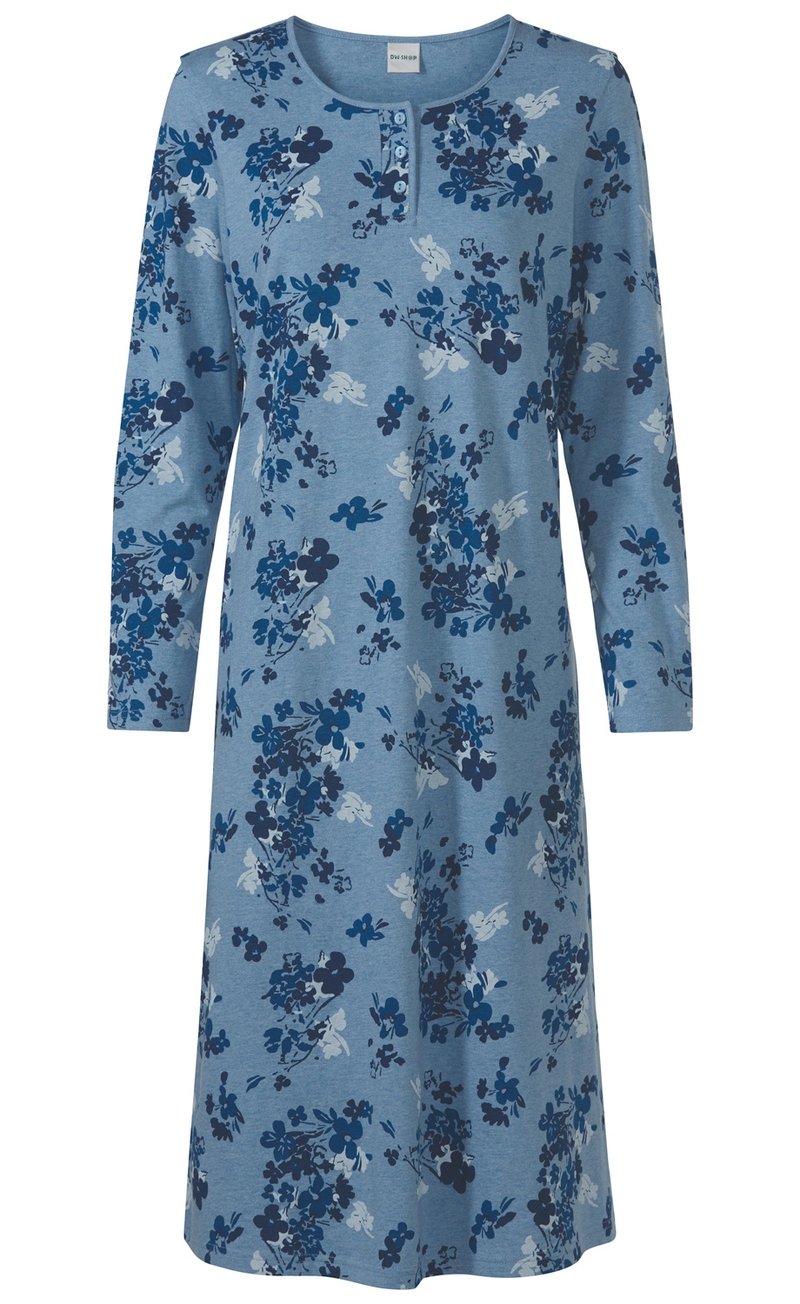 Baumwoll-Nachthemd aus blauem Stoff mit dunkelblauem und weißem floralen Allover-Muster, langärmlig, Rundhalsausschnitt mit kurzer Knopfleiste, knielang, locker geschnitten