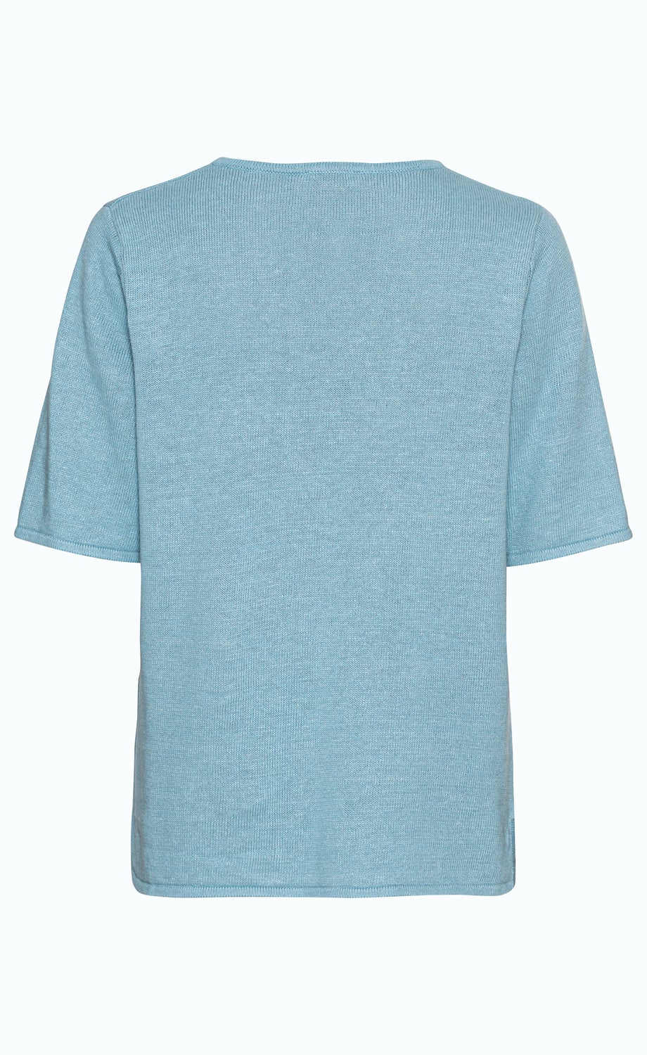 Leinen-Mix-Pullover in Hellblau, Rückansicht, kurze Ärmel, rundhals, feine Strickstruktur, gerader Schnitt, schlichtes Design, leichte Textur