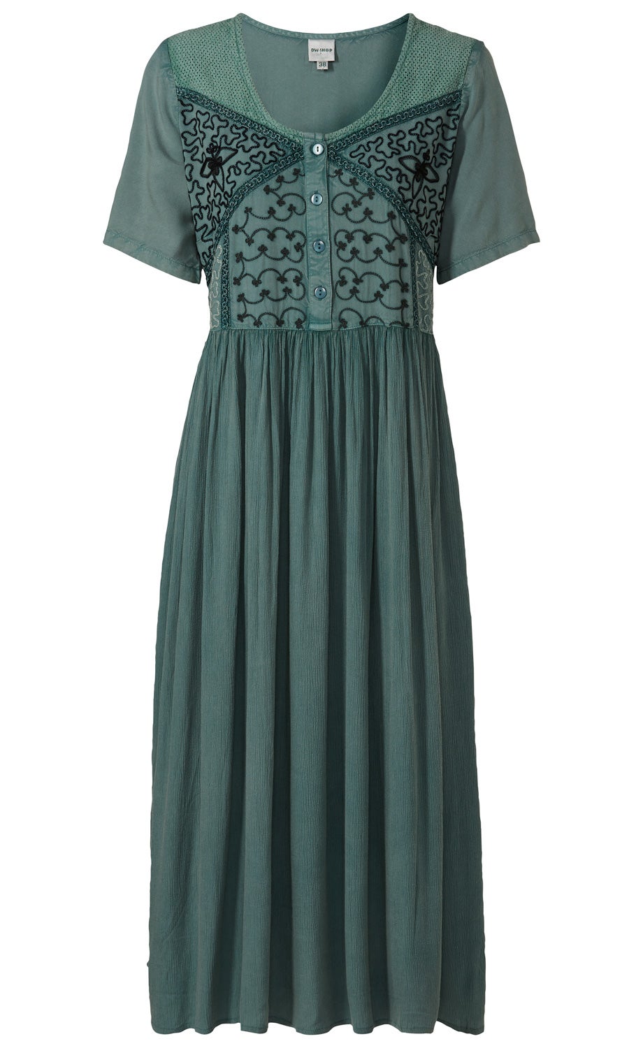 grünes Viskose-Kleid mit kurzen Ärmeln, Rundhalsausschnitt, und Knopfleiste vorne, Oberteil mit schwarzen Stickereien und luftiger, geraffter Rock aus leichtem Stoff