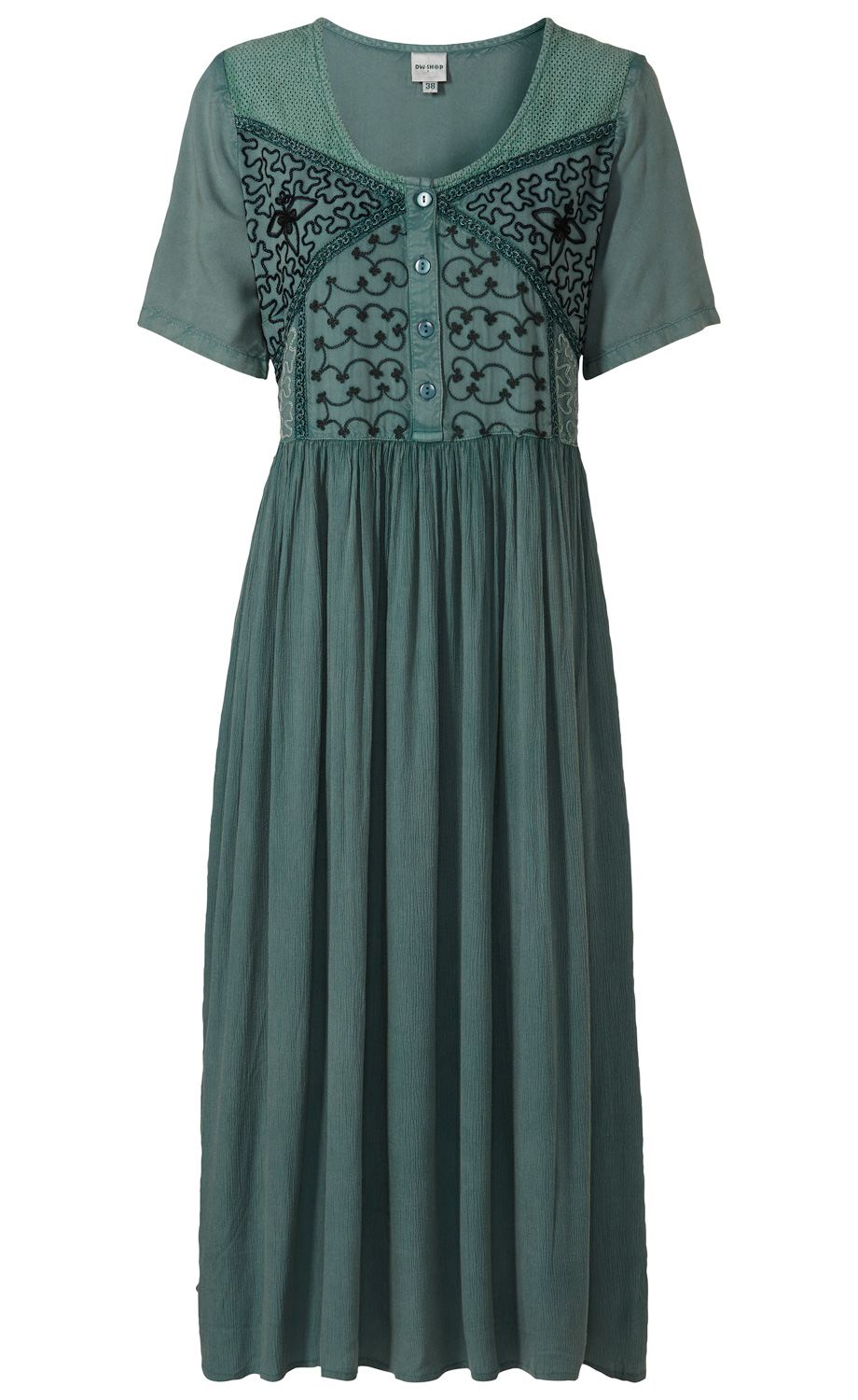 grünes Viskose-Kleid mit kurzen Ärmeln, Rundhalsausschnitt, und Knopfleiste vorne, Oberteil mit schwarzen Stickereien und luftiger, geraffter Rock aus leichtem Stoff