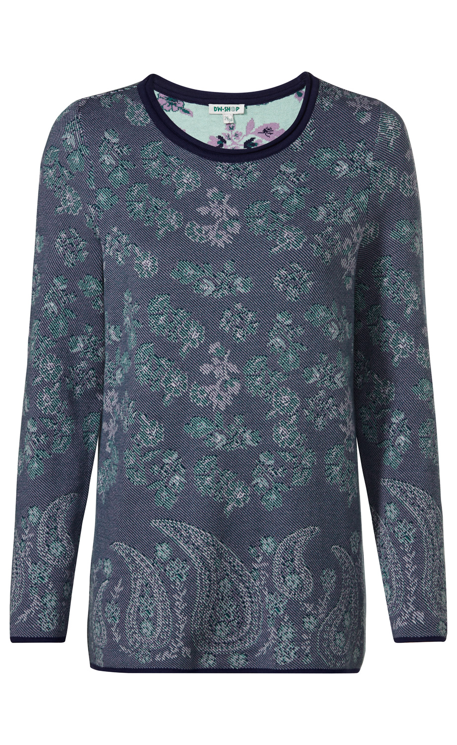 Baumwoll-Pullover mit floralem und Paisley-Muster in Blau- und Grüntönen, Rundhalsausschnitt und langen Ärmeln, feines Strickmaterial