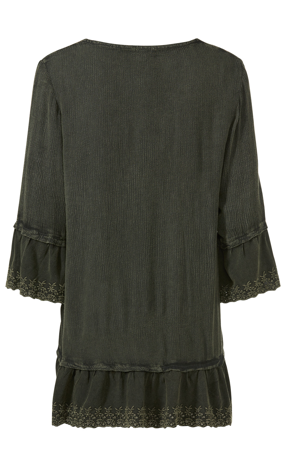 Dunkelgrüne Viskose-Bluse mit 3/4-Ärmeln, strukturierter Oberfläche, Rüschensaum mit floraler Stickerei an Ärmeln und Saum, lockere Passform, Rückansicht, ohne sichtbaren Verschluss.
